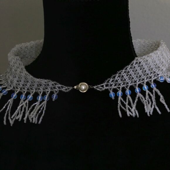 Handmade Bridal White Seed Bead Scarf Necklace | Fringe Beaded Choker Collar - Picture 4 of 7
